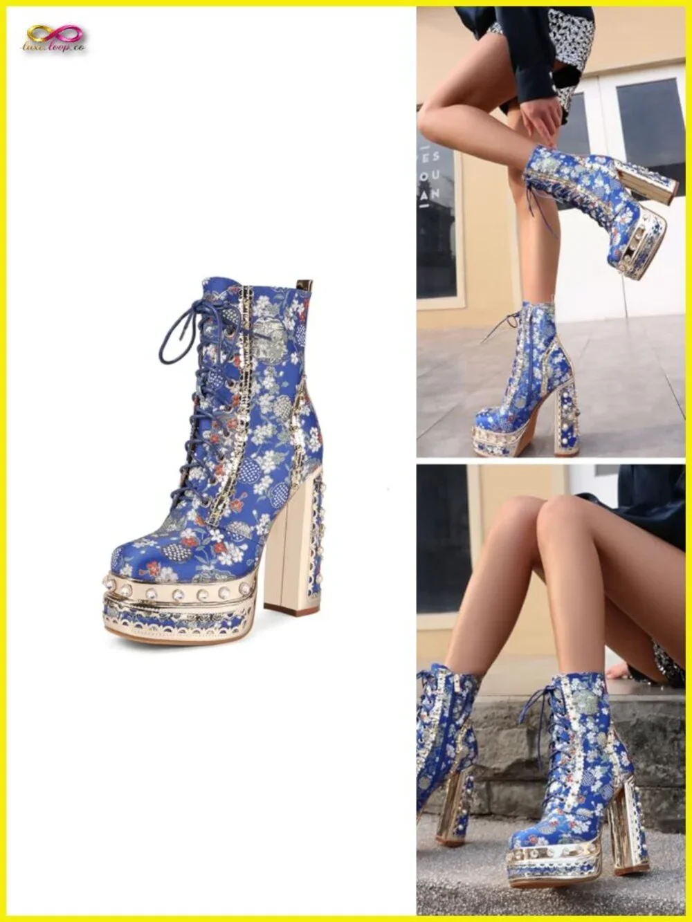 Cowgirl Block Heel Ankle Platform Boots Embroidered Fabric Gemstones Dress